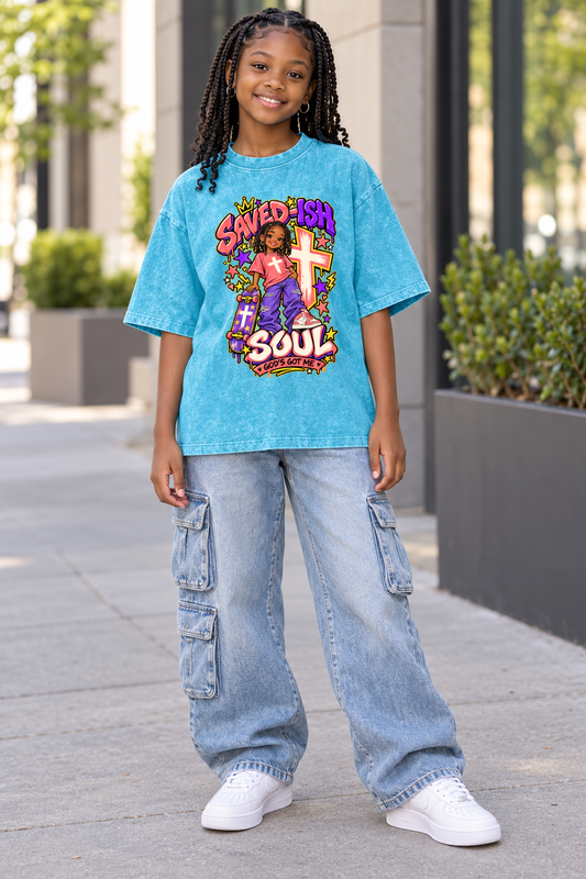 Saved-ish Soul "God Got Me" Snow Washed Kids' T-Shirt