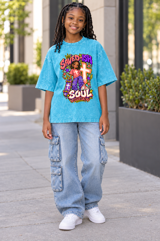 Saved-ish Soul "God Got Me" Snow Washed Kids' T-Shirt