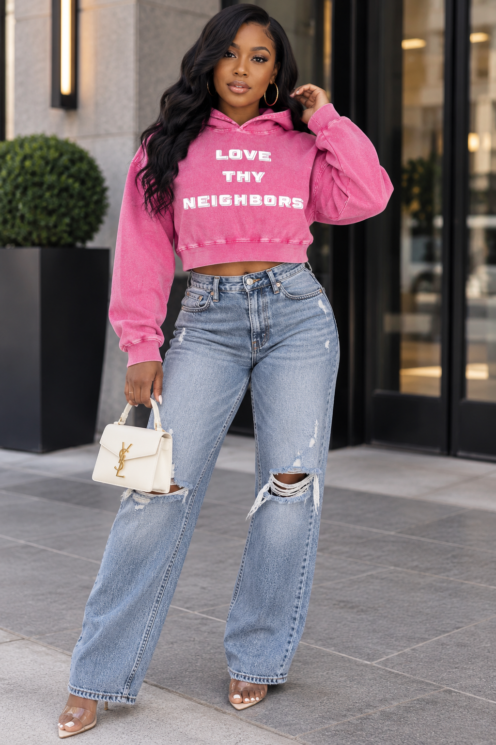 Saved-ish Soul" Love Thy Neighbor" Mineral Washed Crop Hoodie