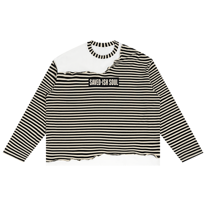 Saved-ish Soul Striped Panel Boxy Raw Hem Long Sleeve T-Shirt