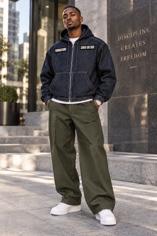 Saved-ish Soul "Foundations" Boxy Vintage Wash Hooded Denim Jacket