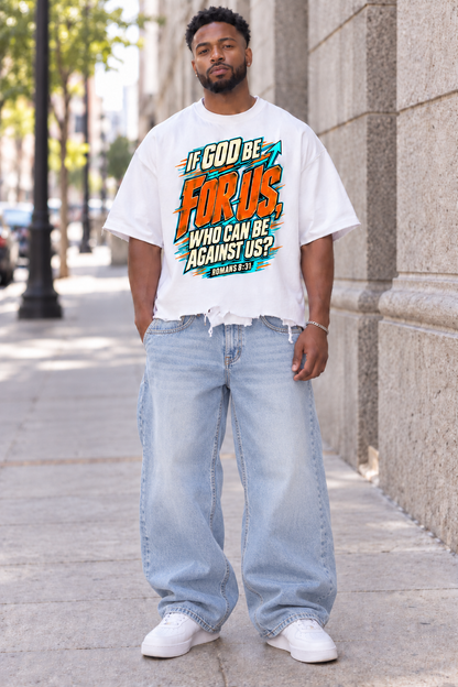 Saved-ish Soul "If God Be For Us" Snow Wash Raw-Hem Boxy T-shirt