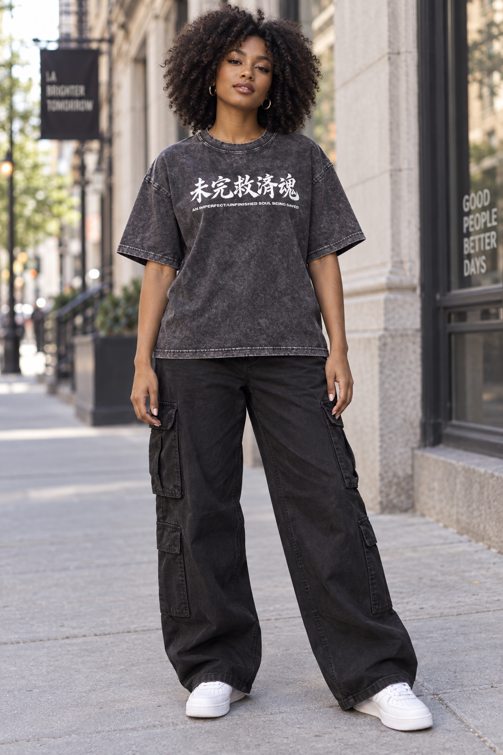 Saved-ish Soul "Kanji" Women Snow Wash Oversize Boxy T-Shirt