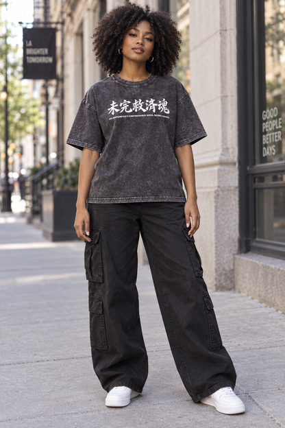 Saved-ish Soul "Kanji" Women Snow Wash Oversize Boxy T-Shirt