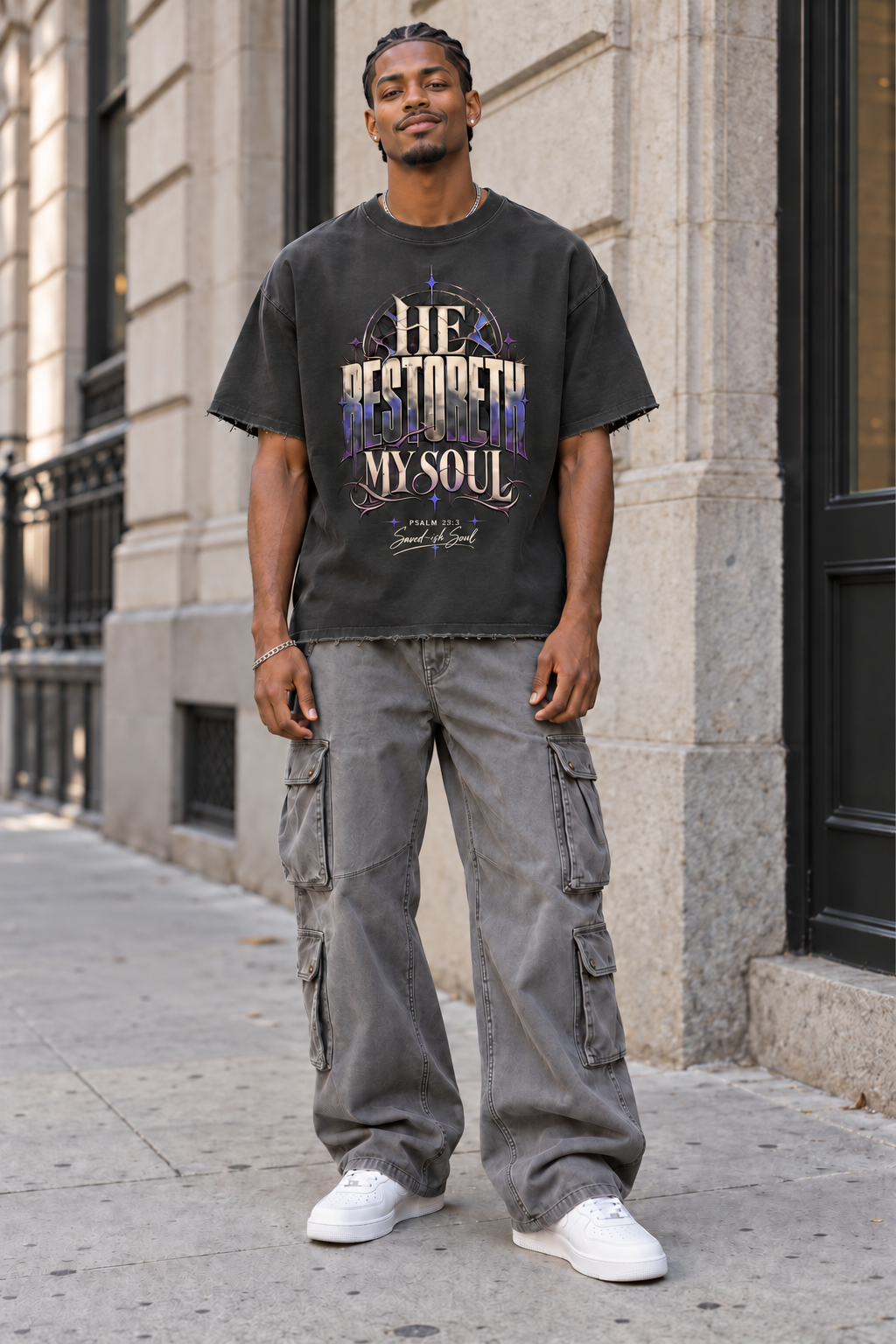 Saved-ish Soul "He Restoreth My Soul" Sun Fade Raw Edge T-Shirt