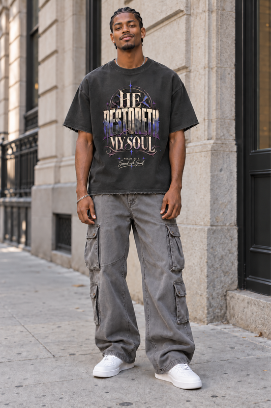 Saved-ish Soul "He Restoreth My Soul" Sun Fade Raw Edge T-Shirt
