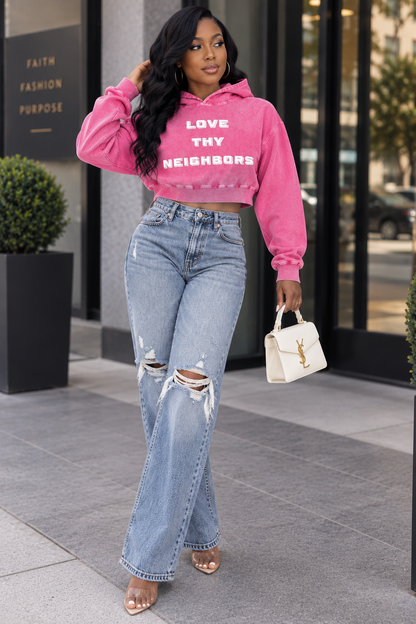 Saved-ish Soul" Love Thy Neighbor" Mineral Washed Crop Hoodie