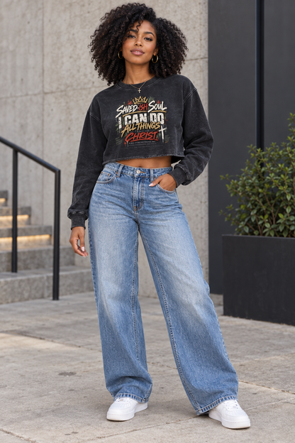 Saved-ish Soul "Philippians 4:13" Raw Edge Cropped Sweatshirt