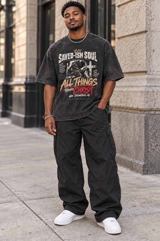 Saved-ish Soul “Philippians 4:13” Snow Washed Oversized T-Shirt