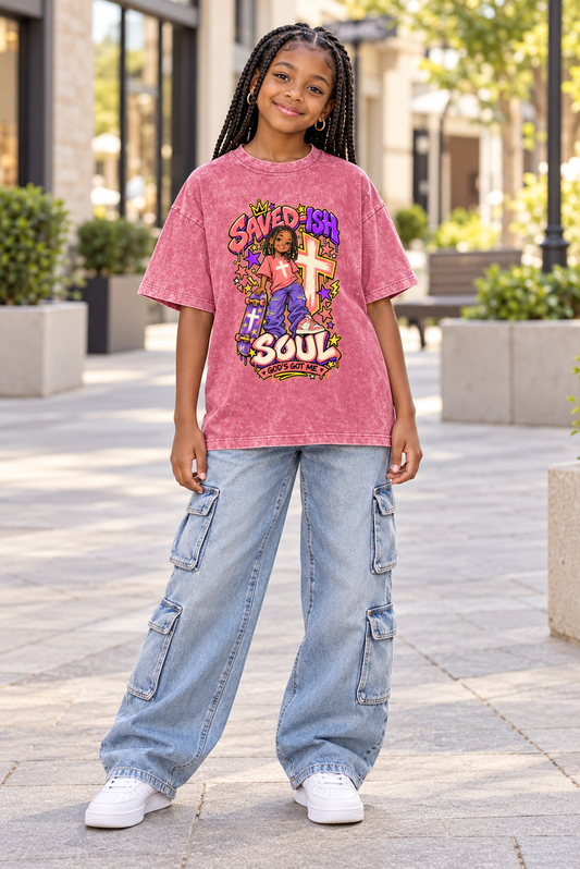 Saved-ish Soul "God Got Me" Snow Washed Kids' T-Shirt