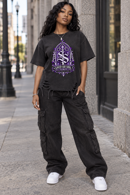 Saved-ish Soul "Foundations" Snow Washed Raw-Hem T-Shirt