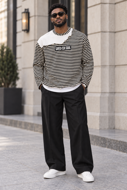 Saved-ish Soul Striped Panel Boxy Raw Hem Long Sleeve T-Shirt